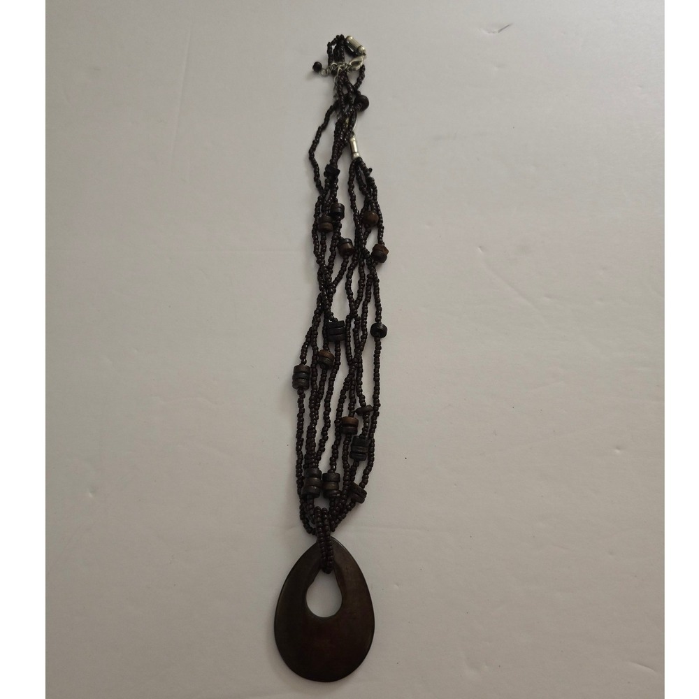 Dark Brown Multi Strand Wood Bead Teardrop Pendant Necklace Boho Earthy Style